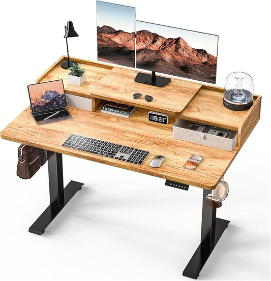 Kingant 48 x 30 Inch Standing Desk with Drawers, Adjustable Height Electric Sit Stand Desk with Storage Shelf, Rising Stand Up Computer Desk for Home Office Workstation, 3 Preset Heights