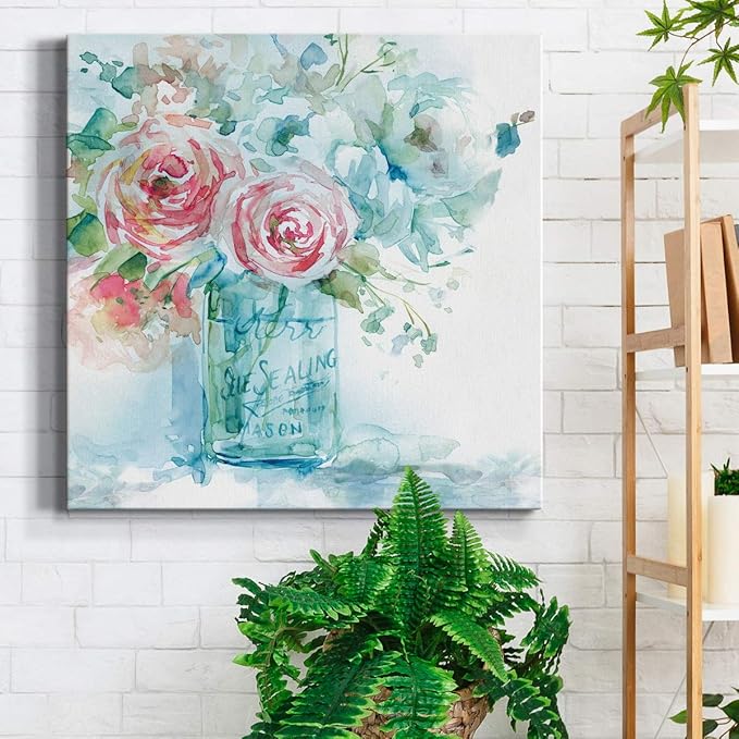 Wexford Home Square Premium Gallery Wrapped Canvas Flower Multicolor Wall Art Abstract Floral Romance Modern Pictures Print for Home Office, Ready to Hang, sea & glass I, 24x24