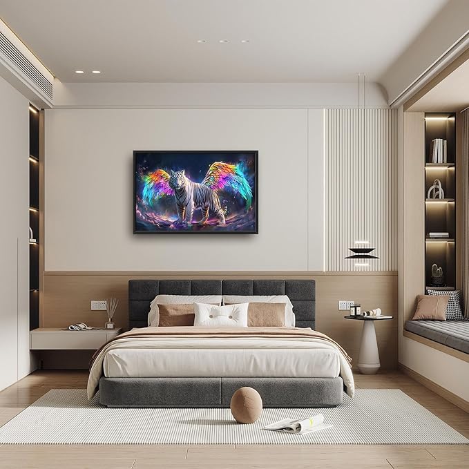 Flintis Large Tiger Wall Art White Tiger Angel Wings Pictures Wall Decor Abstract Animal Canvas Painting Print Artwork Decoration Framed for Living Room Bathroom Master Bedroom Office 36L x 24W