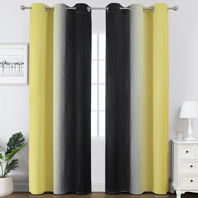 Estelar Textiler Black and Yellow Ombre Blackout Curtains for Bedroom, Full Room Darkening Grommet Curtains for Living Room, Thermal Insulated Light Blocking Gradient Drapes, 42Wx84L,2 Panels