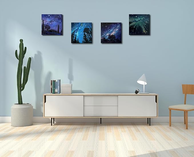 Blue Starry Night Canvas Wall Art Forest Tree Paintings Decor Abstract Nature Landscape Artwork Poster Prints Colorful Space Northern Lights Pictures Decoration for Bedroom Living Room Bathroom Office