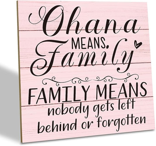 Family Wooden Plaque, “Family Means Nobody Gets Left Behind or Forgotten”, 6.2x6.2 Inch Table Art Sign, Farmhouse Quote Decor for Living Room or Home Tabletop G