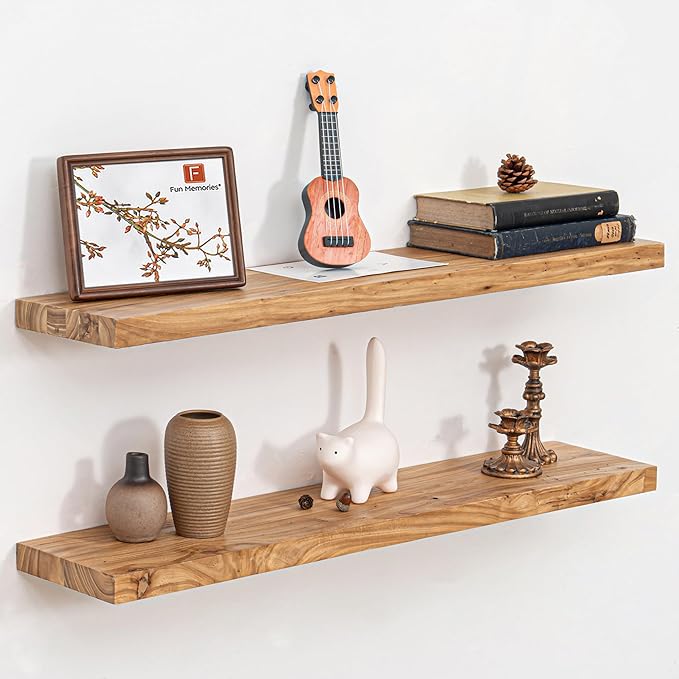 Fun Memories Rusitc Wood Floating Shelves, 36 Inch Floating Shelves for Wall, Wall-Mounted Wooden Shelves with Invisible Heavy-Duty Brackets for Books, Bathroom, Kitchen, Natural, 2 Pack