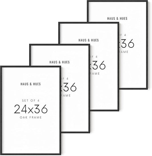 HAUS AND HUES 24"x36" Black Oak Wood Frames Set of 4-24"x36" Picture Frames for Wall, 24"x36" Black Picture Frame, Poster Frame 24"x36" Frames for Wall, 24"x36" Poster Frame Black