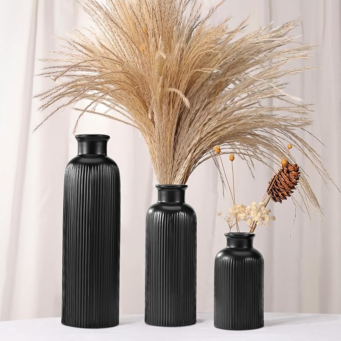 Small Black Ceramic Vase Set of 3, Boho Modern Black Flower Vase Room Decor, Farmhouse Decor, Vases for Your Kitchen, Bathroom, Bedroom, Living Room, Office&Shelf Centerpiece Table Decorations
