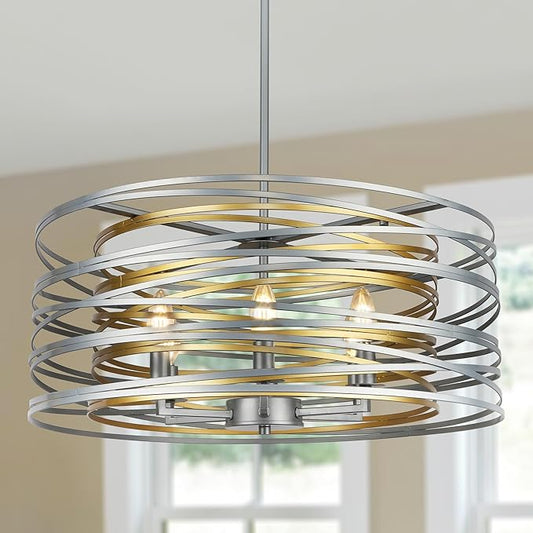 23.6'' Large Vintage Round Chandelier, 6-Light Modern Farmhouse Lantern Chandelier, Antique Double Drum Chandelier for Dining Room Entryway Kitchen Island Foyer, Silver with Gold Interior