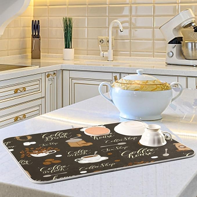 Coffee Beans Dish Drying Mat for Kitchen Counter 18 x 24 Inch Absorbent Microfiber Dry Dishes Mats Drainer Mat Dish Drying Pad for Countertops