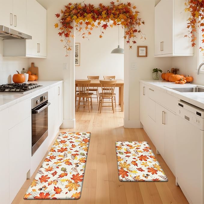 SHACOS Fall Anti Fatigue Kitchen Mats 2 Pcs Orange Maple Leaves Acorn Nuts Autumn Non Slip Cushioned Floor Mat for Kitchen Ergonomic Standing Mats Home Decor, 17x27.5+17x47, Maple & Acorn