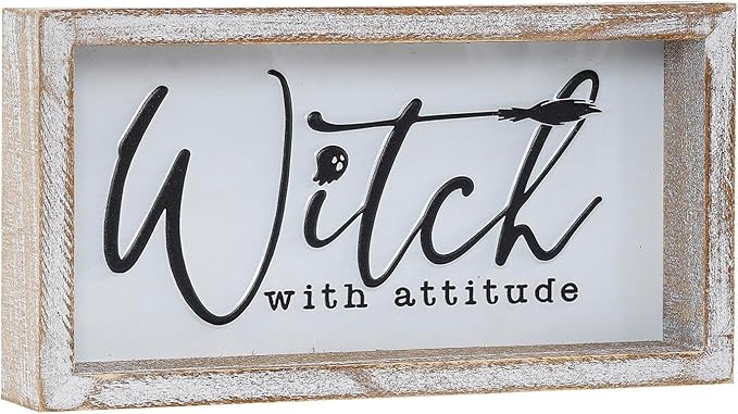 Embossed Witch Sign, Farmhouse Halloween Decorations Indoor, Vintage Halloween Tiered Tray Decor, Funny Spooky Halloween Centerpieces for Table Cubicle Desk Mantel Fireplace