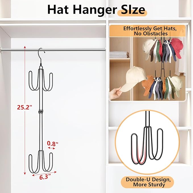 Hat Hangers for Closet, Stainless Steel Hat Organizer, Hat Racks for Baseball Caps, Cap Organizer for Baseball Caps, 2 Pack