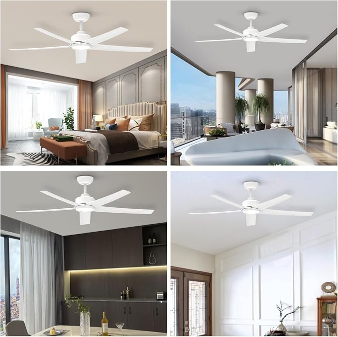 ocioc Ceiling Fans with Lights, 52 inch White Ceiling Fan with Light and Remote Control, 3CCT, Quiet DC Motor, 5 Blades Modern Ceiling Fan for Living Room Indoor/Covered Outdoor