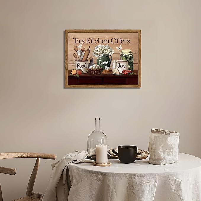 Kitchen Wall Art, Vintage Rustic Farmhouse Food Still Life Wall Decor Paintings, This Kitchen Offers Food Love and Joy Canvas Pictures Posters Prints for Dining Room Home Decor 12x16 Inch Wood Framed