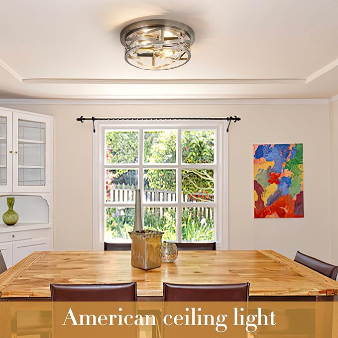 Brushed Nickel Flush Mount Ceiling Light Fixture,2-Light Industrial Farmhouse Ceiling Light Fixture，Brushed Nickel Light Fixture Ceiling Mount for Kitchen Bedroom Living Room 1 Pack