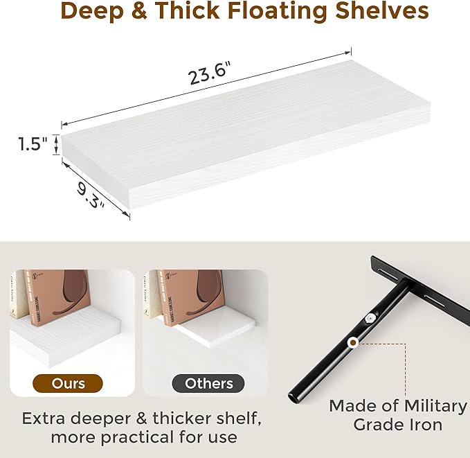 Fun Memories White Floating Shelves for Wall, 24 x 9.3 x 1.5 Large Floating Shelf Set of 2, 9.3 Deep Wall Shelf for Kitchen, Living Room, Rustic White Shelves for Home Decor & Storage