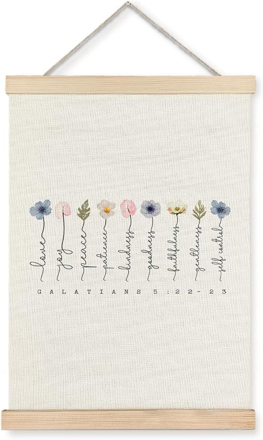 Supwhd Fruit of the Spirit Wall Art with Wooden Poster Hanger, Boho Floral Christian Bible Verses Posters Wall Art Decor, Christian Wall Decor Home Decor Room Decor, 16x24