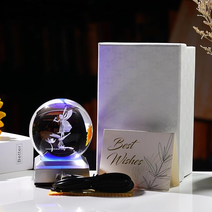 3.15"/8CM Crystal Ball 3D Engraved Fairy with Dragonfly Gifts for Girlfriend Girls Glass Sphere with LED Colorful Base Ideas on Birthday Christmas for Her Home Decor Figurine