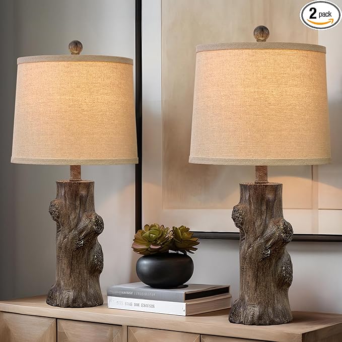 OYEARS 23"Resin Table Lamps for Living Room Set of 2 Country Cottage Farmhouse Lamp for Bedroom Tree Trunk Wood Grain with Oatmeal Fabric Round Shade Vintage Rustic Traditional Nightstand Bedside Lamp