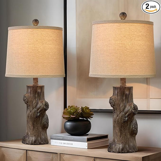 OYEARS 23"Resin Table Lamps for Living Room Set of 2 Country Cottage Farmhouse Lamp for Bedroom Tree Trunk Wood Grain with Oatmeal Fabric Round Shade Vintage Rustic Traditional Nightstand Bedside Lamp