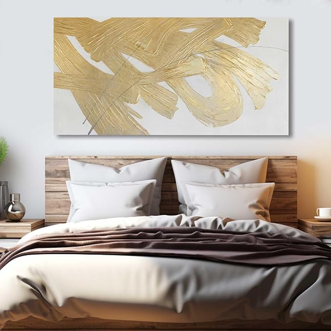 Gold Abstract Wall Art White and Gold Modern Framed Painting Texture Artwork for Living Room Office Dining Room Pictures 24x48 Inch Hand Painted