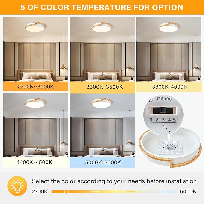 Dimmable Wood LED Flush Mount Ceiling Lights, 5CCT 2700K-6000K White Hallway Lighting Fixtures, Minimalist Round Ceiling Lamp for Bedroom Laundry Room Kitchen Entryway Bathroom 11.8in