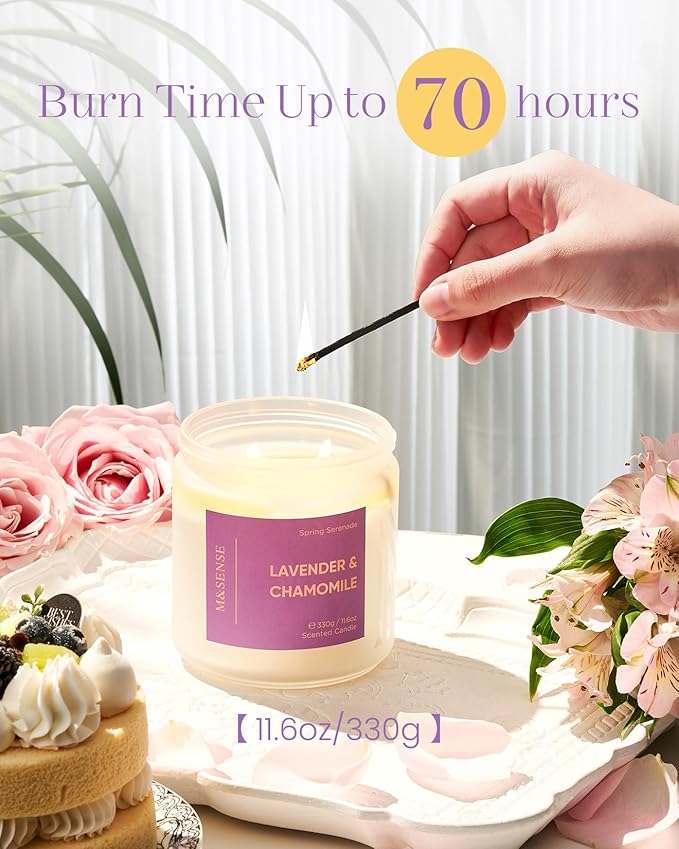 M&SENSE Lavender Chamomile Scented Candle - 11.6oz 70 Hours Natural Soy Wax Non Toxic Aromatherapy Candle for Yoga Spa Stress Relief Gifts for Mothers Day Mom & Relaxing