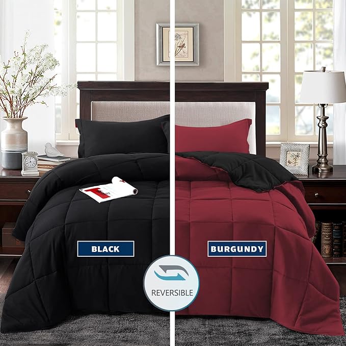 HIG 3pc Down Alternative Comforter Set - All Season Reversible Comforter with Two Shams - Quilted Duvet Insert with Corner Tabs - Box Stitched - Super Soft, Fluffy (Full, Black)