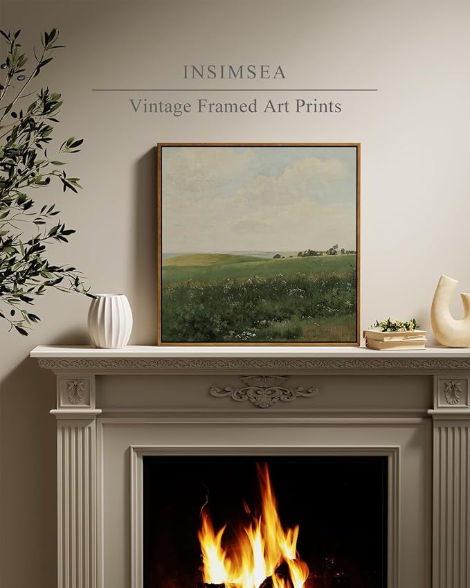 InSimSea Square Framed Canvas Wall Art, Large Decor Vintage Grassland Paintings, Field Scenery Wall Pictures for Bedroom Bathroom, Canvas Prints Artwork, Vintage Farmhouse Decor 20"x20"