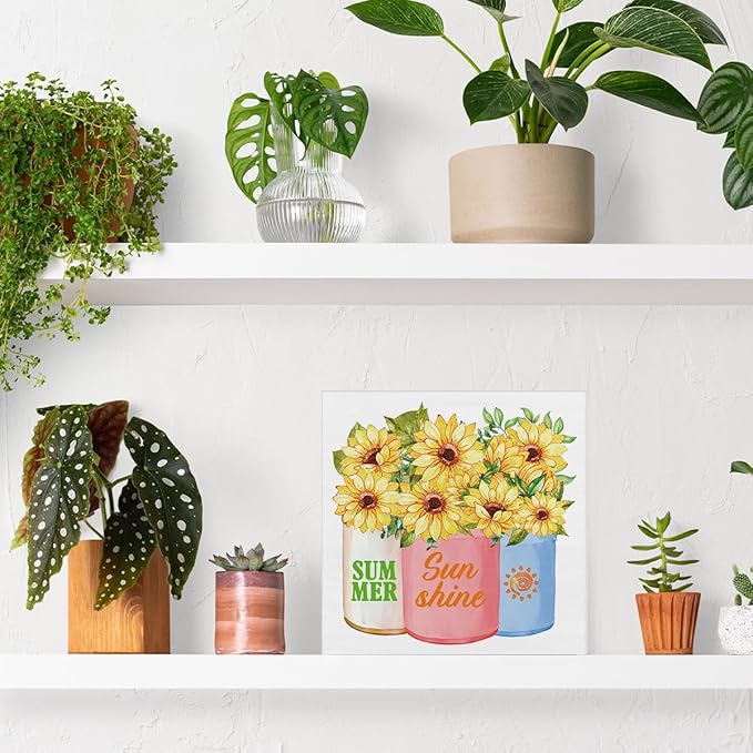 Summer Decor - Sunflower Decorations Summer Sunshine Wooden Sign Home Shelf Desk Decor 5 X 5 Inches