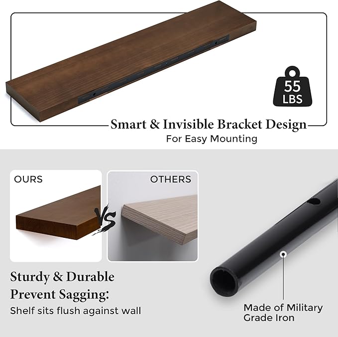 Axeman Floating Shelves, 2 Pack 8 Inch Deep Rustic Solid Wood Wall Shelves for Storage, Wall Mounted Display Shelving with Invisible Heavy-Duty Metal Bracket, 24" W x 8" D x 1.57" H, Walnut Finish