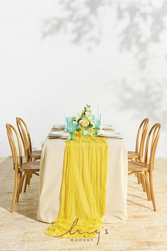 Ling's Moment 14Ft Creamy Yellow Cheesecloth Table Runner Lemon Boho Chic Gauze Semi-Sheer Tablecloth for Wedding Celebrations for Baby Shower Decorations