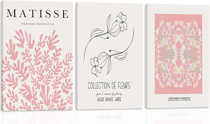 WRFON Pink Matisse Abstract Botanical Canvas Wall Art, Picasso Black Line Floral Poster Prints, Pink Flower Market Modern Elegant Aesthetic Pictures for Living Room Bedroom Framed 16"x24"x3
