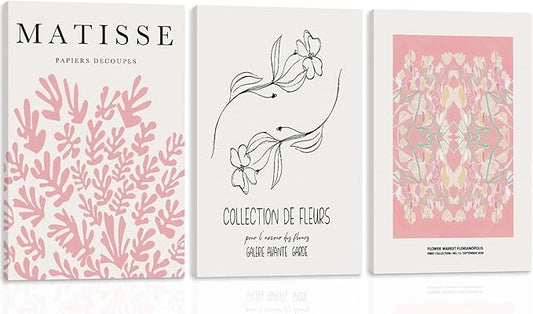 WRFON Pink Matisse Abstract Botanical Canvas Wall Art, Picasso Black Line Floral Poster Prints, Pink Flower Market Modern Elegant Aesthetic Pictures for Living Room Bedroom Framed 16"x24"x3