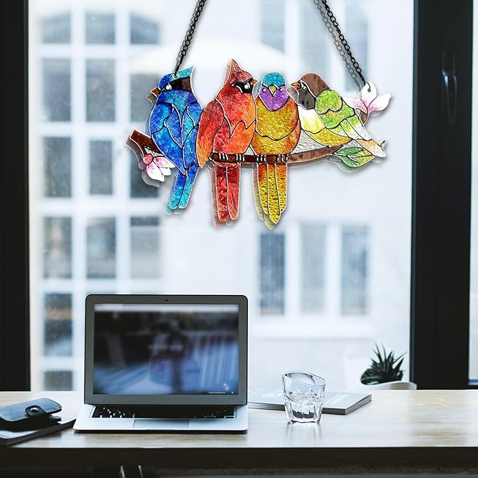 Stained Glass Window Hanging - Birds on A Branch Suncatcher for Window Doors Home Decoration, Valentine's Day Mother's Day Birthday Bird Lover Gifts for Women, Men, and Mom Grandma