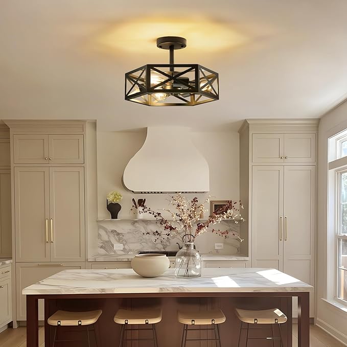 Modern Semi Flush Mount Ceiling Light,3-Light Hexagon Flush Mount Ceiling Lights for Dining Room Light Fixture,Farmhouse Black Metal Kitchen Island Lighting Fixtures for Hallway,Bathroom