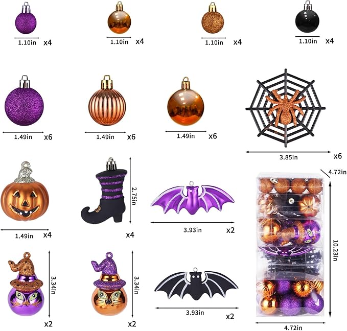 56pcs Halloween Hanging Ornaments for Tree Decorations, Shatterproof Plastic Hanging Halloween Ball Pendants with Pumpkin, Witches Hat Signs, Halloween Tree Decor Party, Holiday, Home (Multi New)