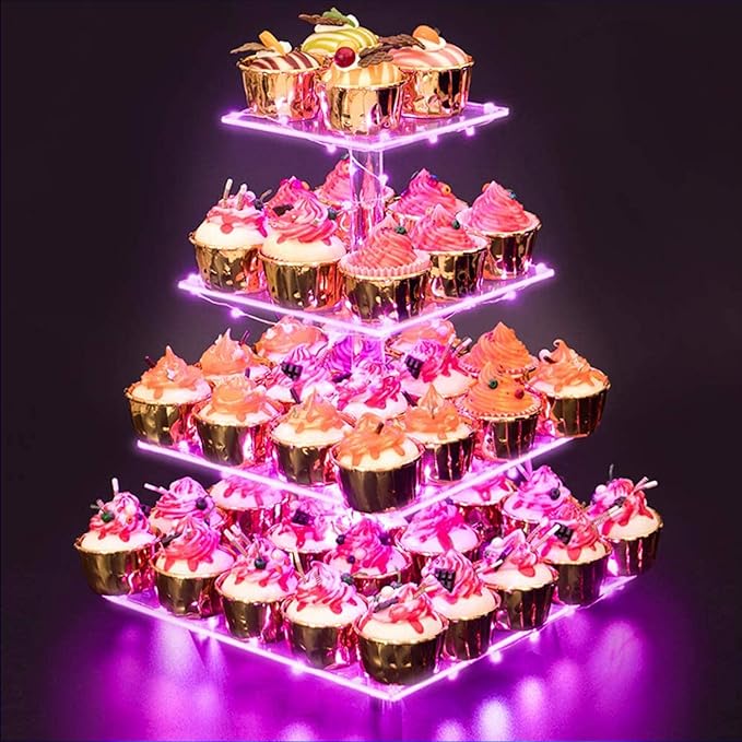 Cupcake Stand – Premium Cupcake Holder – Cady Bar Party Décor – 4 Tier Acrylic Tower Display for Pastry + LED Light String – Ideal for Weddings, Birthday (Pink Light)