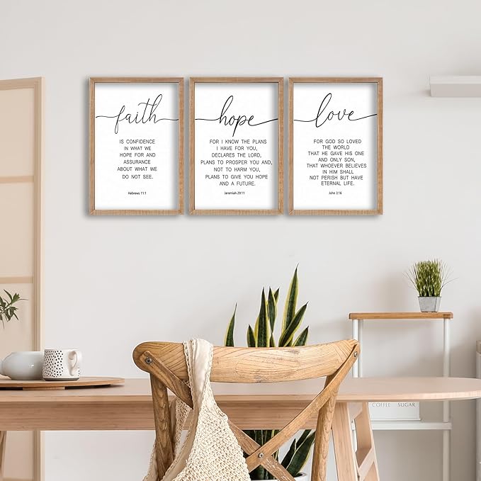 SRSZHIYUE Bible Verse Wall Decor Faith Hope and Love 16''×11'' Set of 3 Catholic Prayer Family Living Room Sign Farmhouse Scripture Quote Christian Minimalist Art Inspirational Wall Hanging (Wood)
