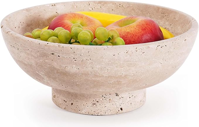 Marble Fruit Bowl 10 Inch Handmade Large Decorative Bowl for kitchen Counter - Modern Travertine Serving Dish for Fruits & Snacks - Pedestal Bowls for Dining Room & Coffee Table Decor