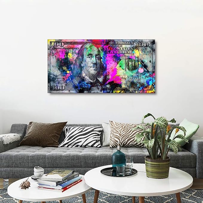 Abstract Creative Money Pop Art Print Contemporary Entrepreneur Inspirational 100 Bill Dollar Giclee Canvas Wall Art Painting Positive Modern Art for Bedroom Dinning Room Frame Easy to Hang-40"Wx20"H