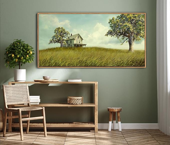 YCPRIMER Canvas Wall Art - Village Landscape Decor Retro Farmhouse Picture Yellow Tree Painting Framed Artwork for Dinning Room,Living Room,Kitchen Decoration Size 24×48Inch