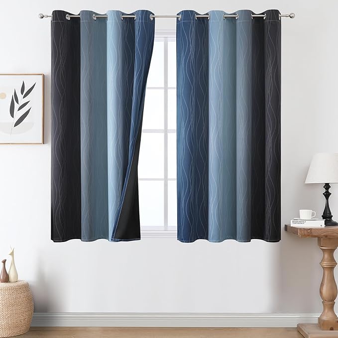 Estelar Textiler Navy Blue and Black Ombre Blackout Curtains 54 Inch Length, Full Light Blocking Gradient Grommet Drapes for Kitchen, Thermal Insulated Curtains for Bedroom, 52Wx54L, 2 Panels