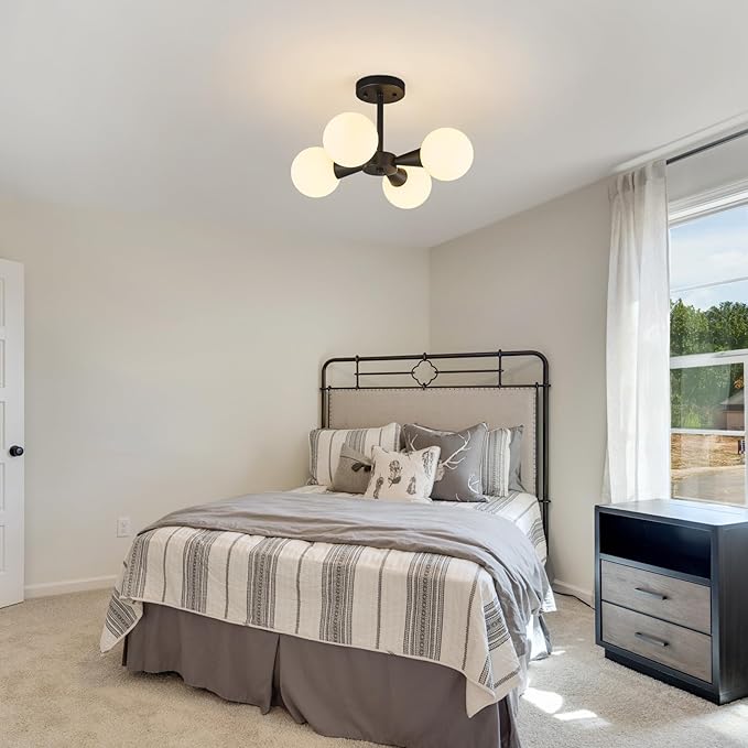 Modern Ceiling Light with Milk White Glass lampshade Black Semi Flush Mount Ceiling Light Fixture Sputnik Chandelier for Bedroom Living Room Dining Room Foyer Hallway(4-Lights)