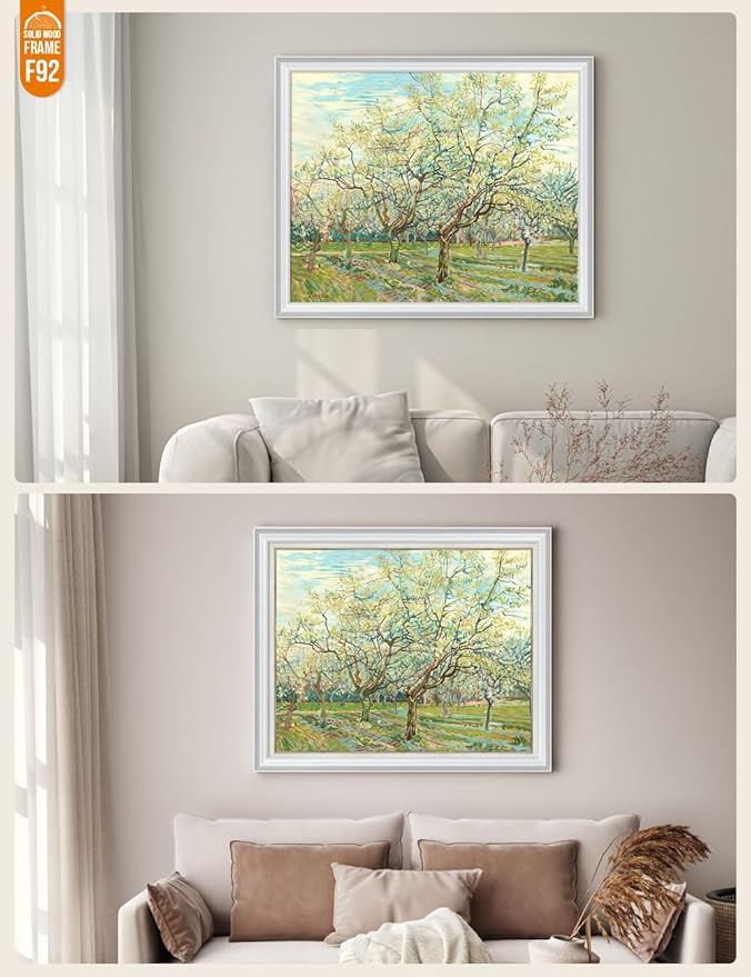 DECORARTS - The White Orchard, Vincent Van Gogh Art Reproduction. Acid Free Cotton Canvas Giclee Print w/Bronze Frame&Mat for Wall Decor.