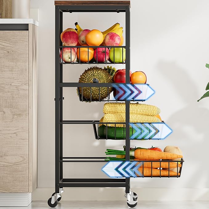 Fruit Vegetable Cart, 5-Tier Snack & Kitchen Cart on Wheels with Storage, Pull-Out Baskets & Wood Top, Rolling Organizer for Pantry, Living Room (Brown)