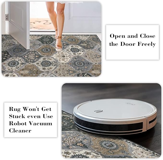 Lahome Moroccan Trellis Washable Runner Rug, 2x6 Runners for Hallways 6 Feet Non Slip Vintage Laundry Room Rug Vintage Ultra-Thin Long Carpet for Kitchen Bedroom, Grey