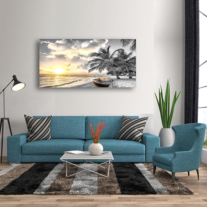 Black and White Beach Pictures Canvas Wall Art for Living room Bedroom Wall Decor,Seascape Wall Art Print Paitnings for home Decor,Morden Artwork Sunset Canvas Art Waterproof Stretched Ready to