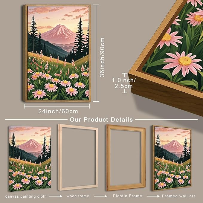 Extra Large Wildflower Wall Art Boho Wildflower Wall Decor 24x36 Inch Colorful Mountain Wall Art Set of 3 for Living Room Bedroom Dining Room