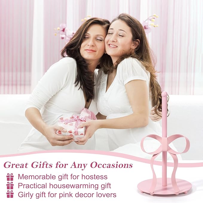 Pink Bow Paper Towel Holder Coutertop - Bow Accent Paper Towel Holder, Pink Kitchen Decor and Accessories, Coquette Room Decor Girly Gifts for Women, 3D Handmade Pattern, Weighted Base