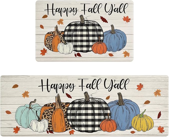 SHACOS 2 Pcs Fall Anti Fatigue Kitchen Mats Pumpkins Autumn Fall Rugs Happy Fall Y’All Non Slip Cushioned Comfort Floor Mat for Kitchen Fall Home Decor Ergonomic Standing Mats, 17x27.5+17x47, Pumpkin