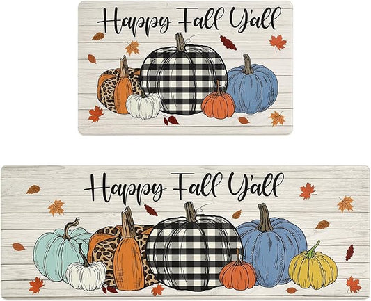 SHACOS 2 Pcs Fall Anti Fatigue Kitchen Mats Pumpkins Autumn Fall Rugs Happy Fall Y’All Non Slip Cushioned Comfort Floor Mat for Kitchen Fall Home Decor Ergonomic Standing Mats, 17x27.5+17x47, Pumpkin